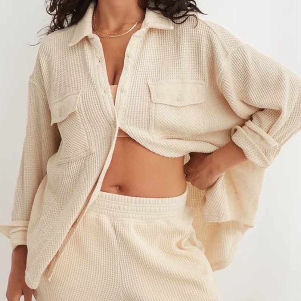 Aerie LumberJane Waffle Shirt Cream Oversized Button Down Size XS